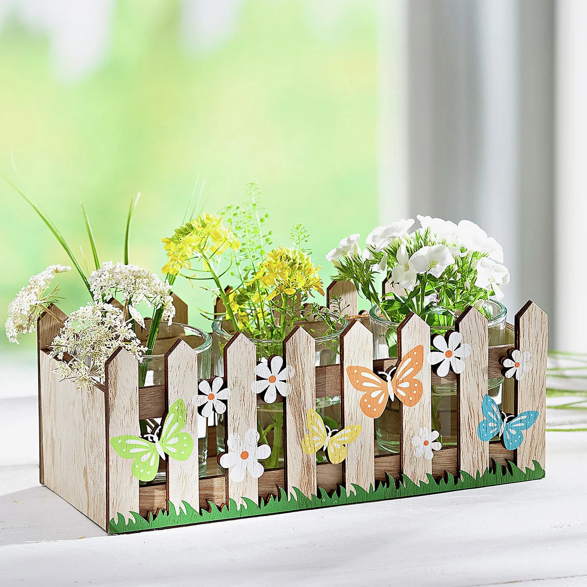Holzdeko- Set mit 3 Glasvasen