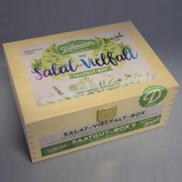 Saatgut-Holzbox Salatvielfalt, 7 Saatgut-Sorten 