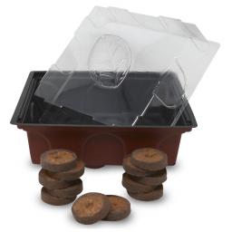Mini-Anzuchtgewächshaus 21x18x11 cm, 12 Kokosquelltabs, Durchmesser 3,6 cm, Anzuchthaube, braun 