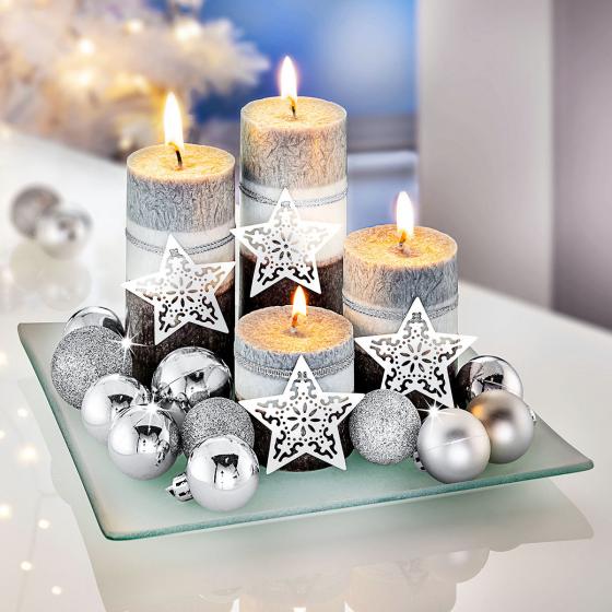 Kerzenset Silberglanz mit 4 Kerzen und Teller, 20x20 cm
