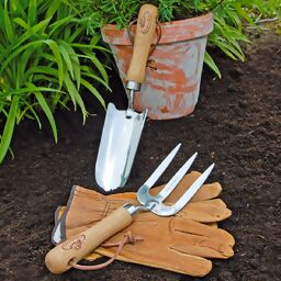Gartenwerkzeug-Set, Hobbygärtner, Eschenholzstiel, Edelstahl, mit Lederhandschuhen 