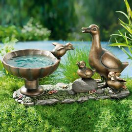Vogeltränke Entenfamilie, 39x17x21 cm aus Kunststein, Bronzeoptik 