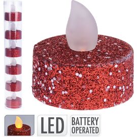 LED Teelichter 6er-Set, rot-glitzer 