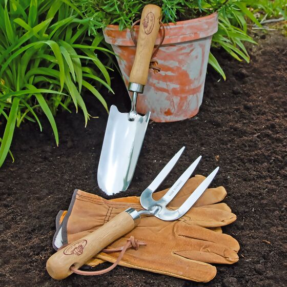 Gartenwerkzeug-Set, Hobbygärtner, Eschenholzstiel, Edelstahl, mit Lederhandschuhen