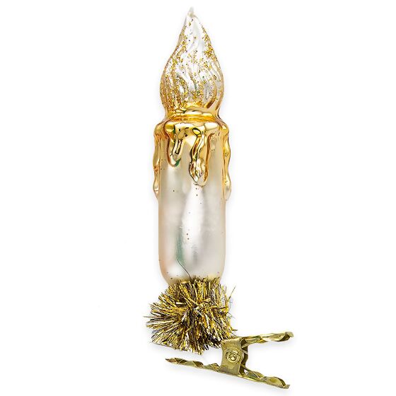 Christbaumschmuck - Kerze auf Clip, 8 cm, Champagner seidenmatt, mundgeblasen