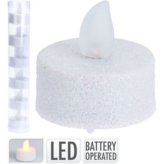 LED Teelichter 6er-Set, weiß-glitzer